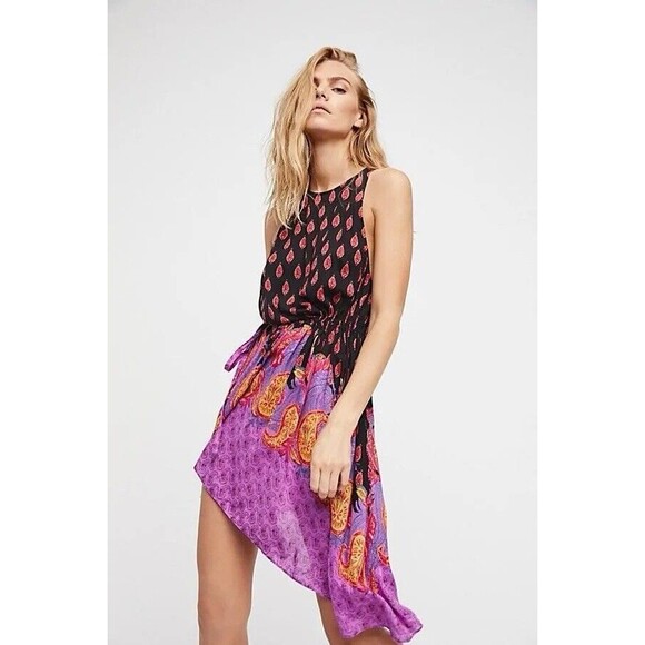 Free People Rendezvous Girl Slip Dress Black Purple Sz M Boho Asymmetrical - Picture 2 of 11